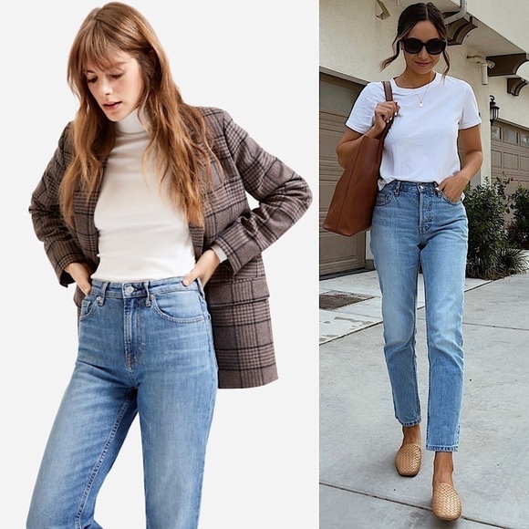 NEW EVERLANE 90s High Waist Straight Leg Distressed Stretch Denim Cheeky Jean 33 - Picture 1 of 15